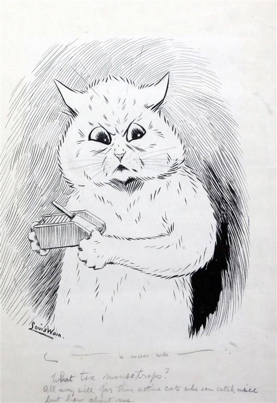 Louis Wain (1860-1939) What Tax Mousetraps? and Tompones Singing Lessons 15.5 x 11.5in. and 12.5 x 8.5in.
